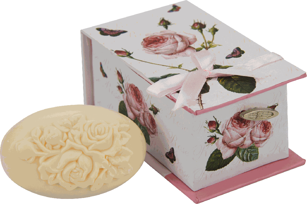 A ROSE IS A ROSE Seife mit Spieluhr spielt „La Vie en Rose“