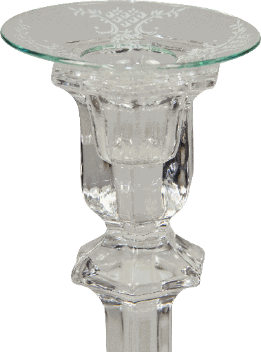 [15005A00] Kerzenteller Ø 7 cm Glas klar mit Dekor Ranken weiß