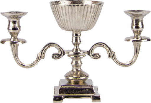 [19052A99] Kerzenständer 2-er mit Metallschale Ø 13 cm Höhe 25 cm Metall antik-silber