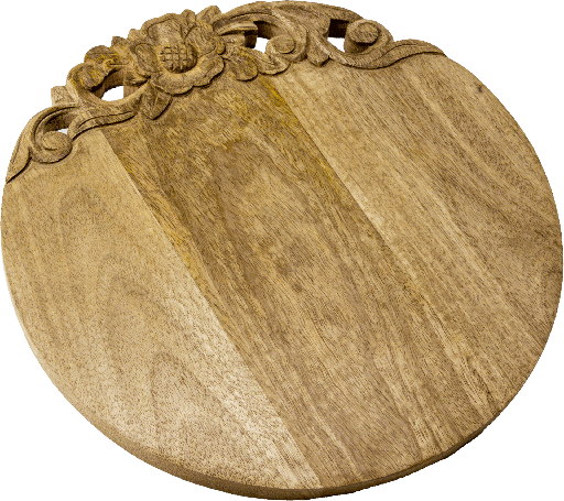 [22022A60] BAROQUE Schneidebrett mit Schnitzerei Ø 35,5 cm Mangoholz